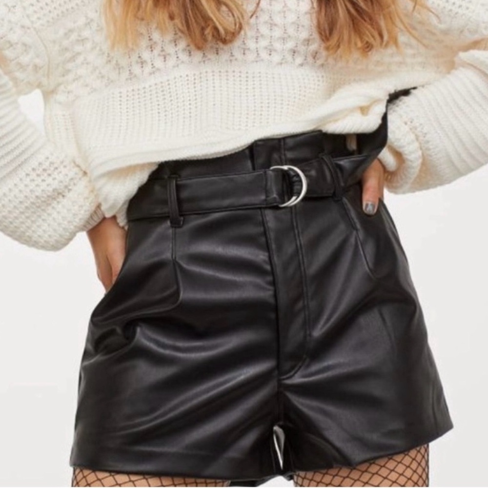 H&M Black High-Waisted Faux Leather Belted Shorts